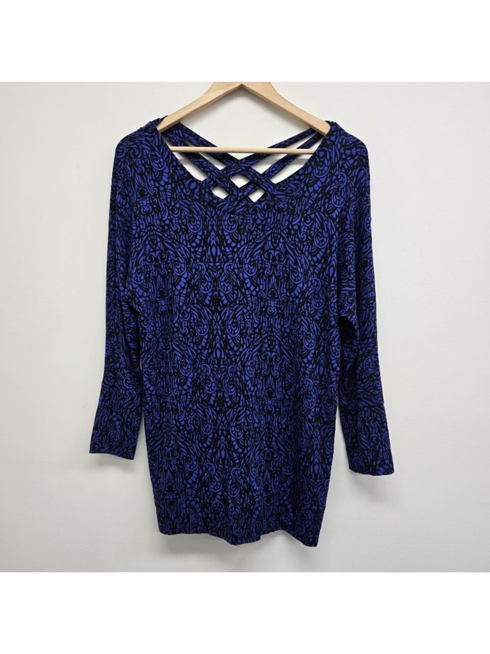 Soma Splendor Criss-Cross Back Tunic Top Size S Jersey Knit Stretch 3/4 Sleeve